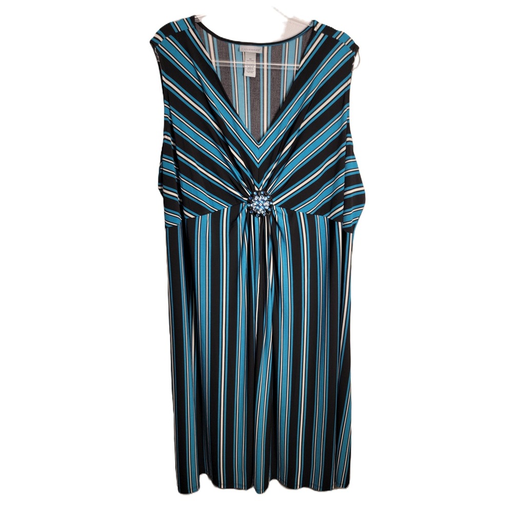 Catherines Womens 3X Dress Blue Black Striped Beaded Medallion Sleeveless V-Neck